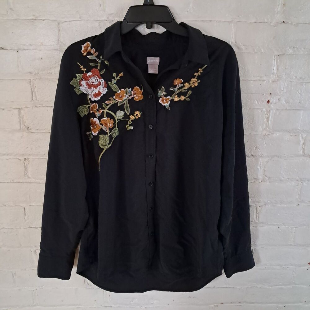 Chicos Sz 2 (L) Black Embroidered Long Sleeve Soft Button Up Top Floral Collared